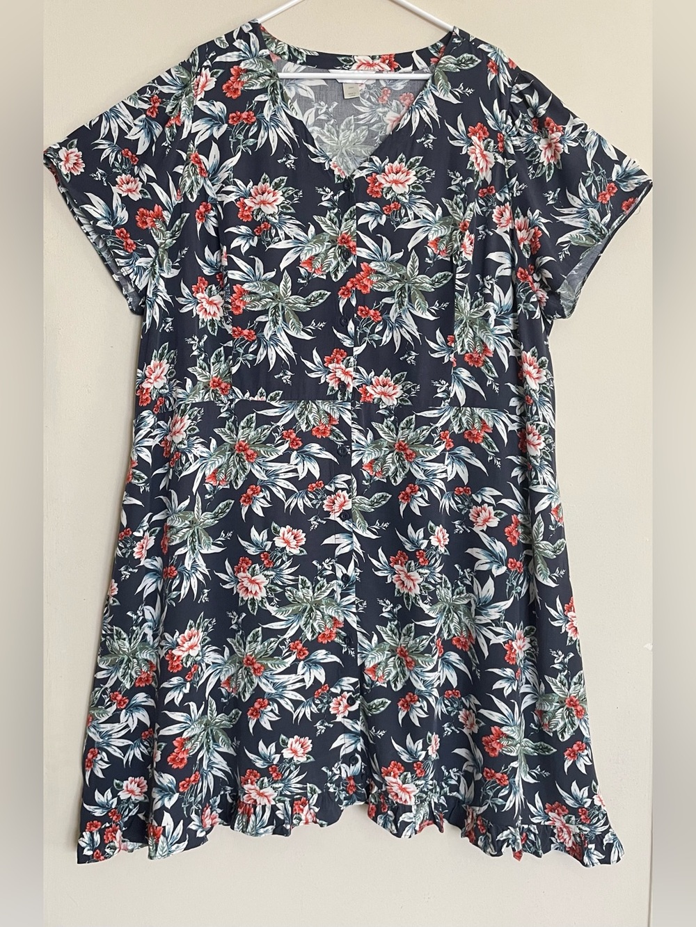 CJ Banks Blue Floral V-Neck Button Down Short Sleeve Dress